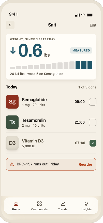 Salt home screen showing today's protocol, weight trend, and inventory